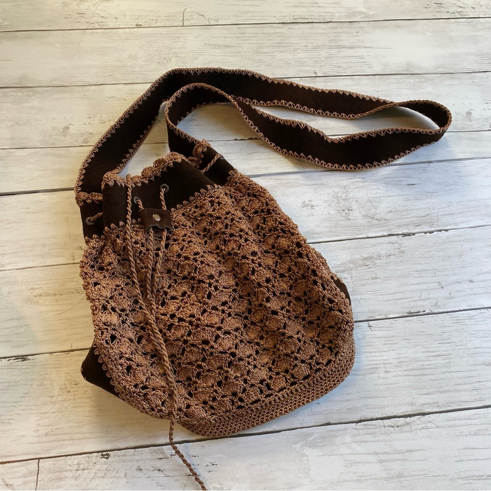 Brown Woven Drawstring Crossbody Bag Purse with Inner Lining